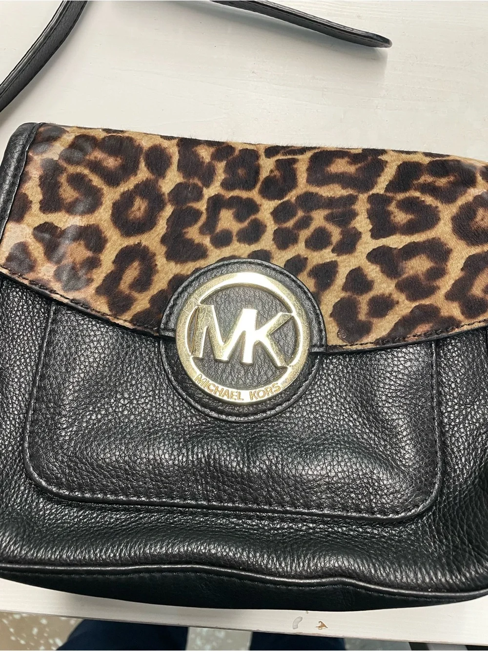 Michael Kors Black Pebbled Leather Leopard Haircalf Crossbody Bag 🐆✨